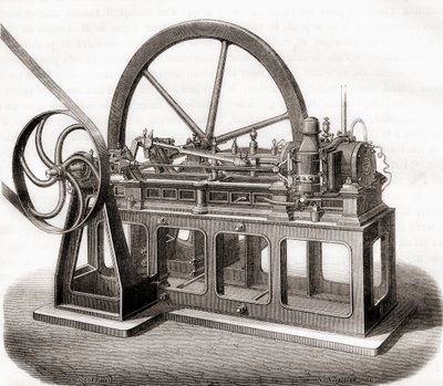 Un moteur à gaz du 19e siècle, extrait de Les Merveilles de la Science, publié c.1870 - French School